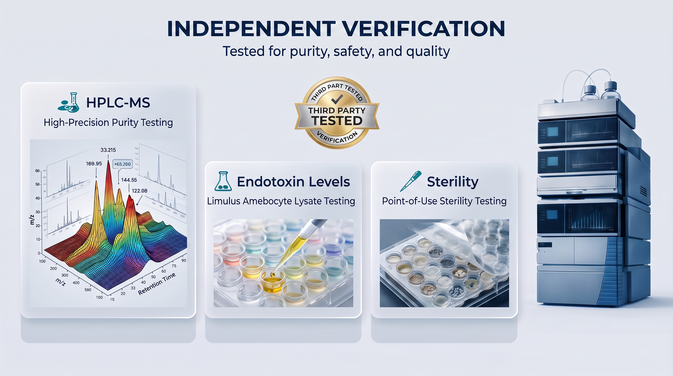 Promotional graphic for a high-end HPLC-MS purity testing system, featuring three white panels detailing HPLC-MS high-precision purity testing, endotoxin levels, and sterility testing, alongside a gold third-party certification seal and a dark blue/gray instrument on the right.